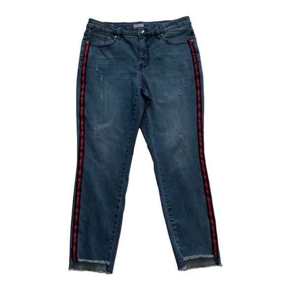 Tribal Jeans Distressed Stretch Raw Hem Side Red Stripe Ankle Jeans Size 12 - Picture 1 of 13